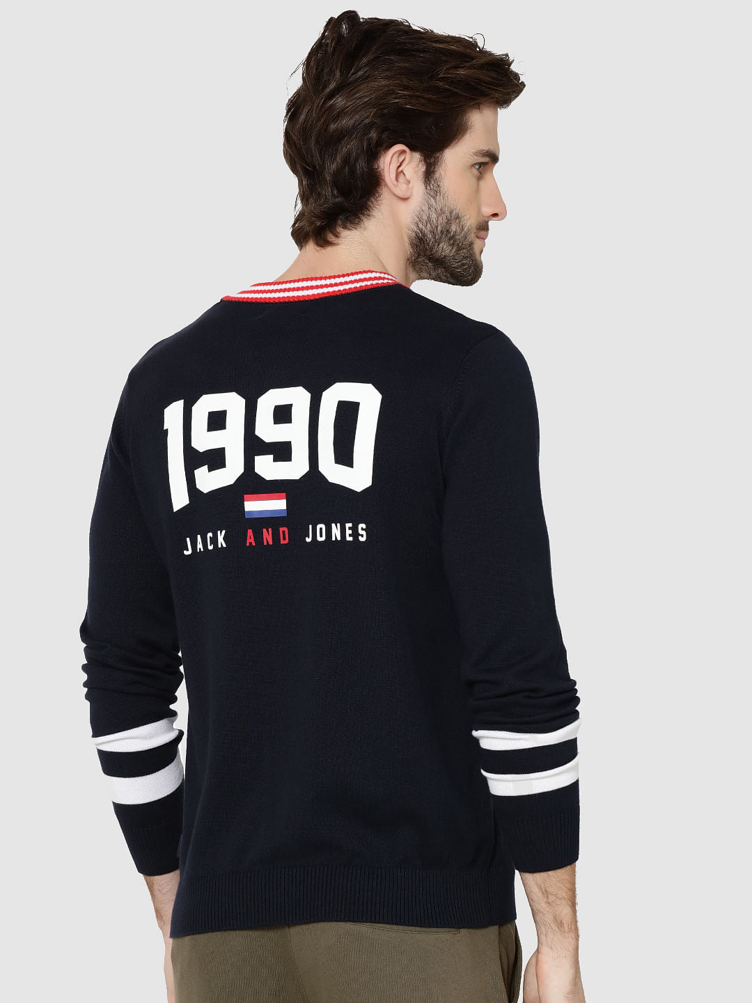 Dark Blue Number Print V-Neck Pullover
