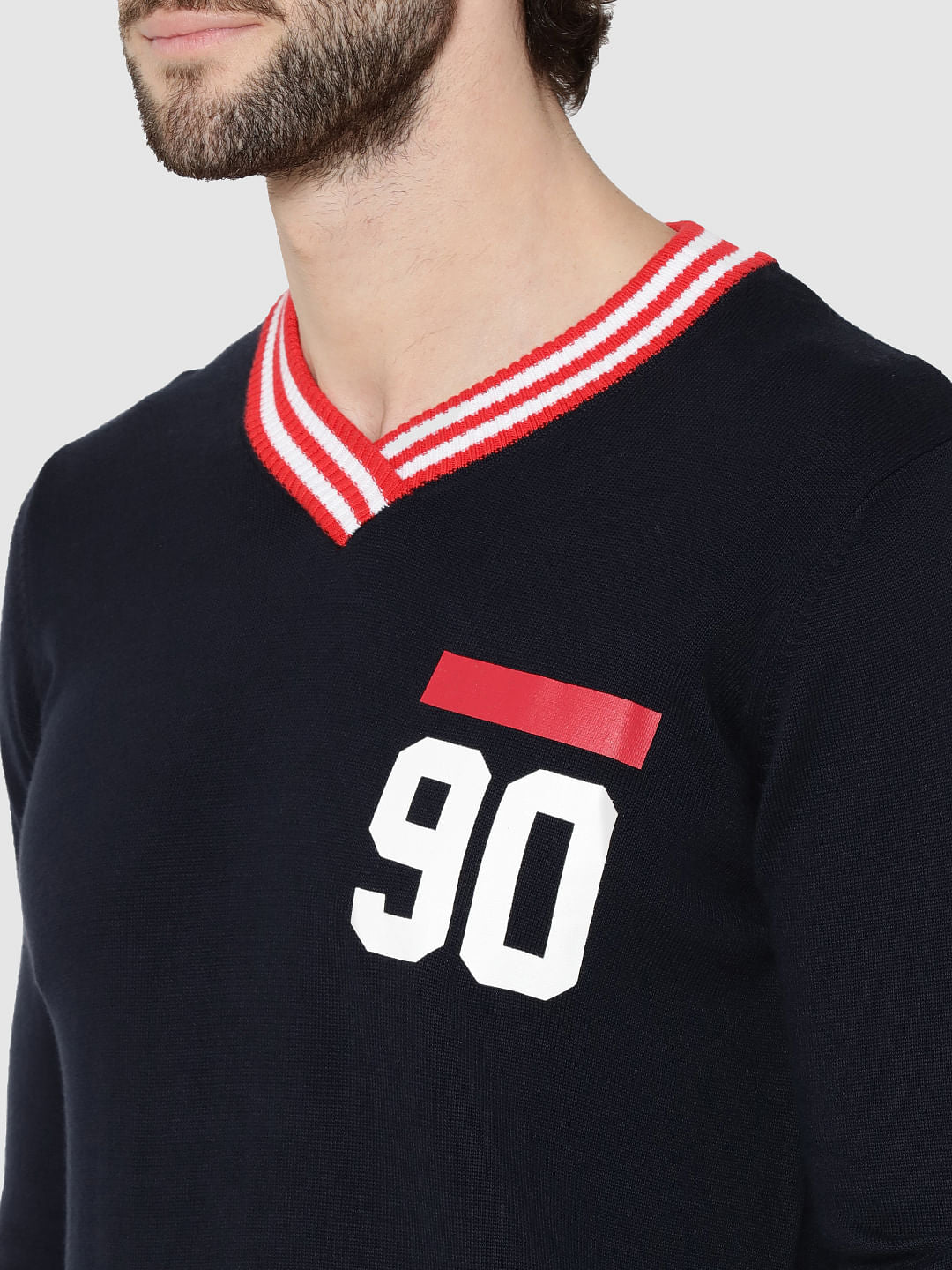 Dark Blue Number Print V-Neck Pullover
