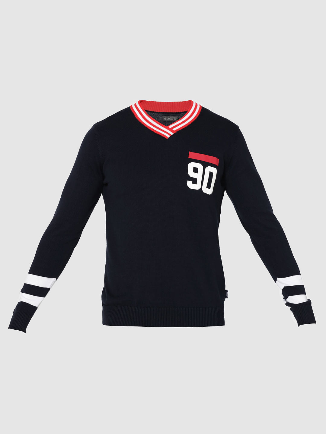 Dark Blue Number Print V-Neck Pullover