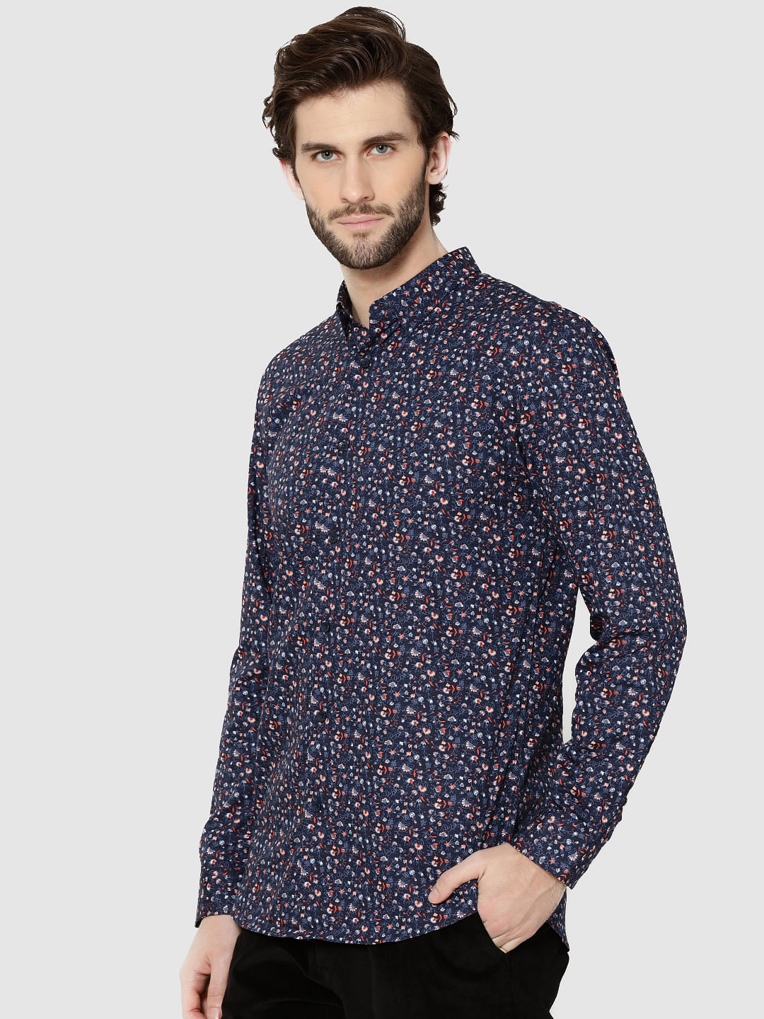 Dark Blue All Over Floral Print Full Sleeves Shirt