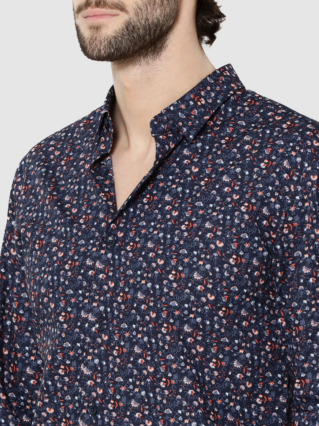 Dark Blue All Over Floral Print Full Sleeves Shirt