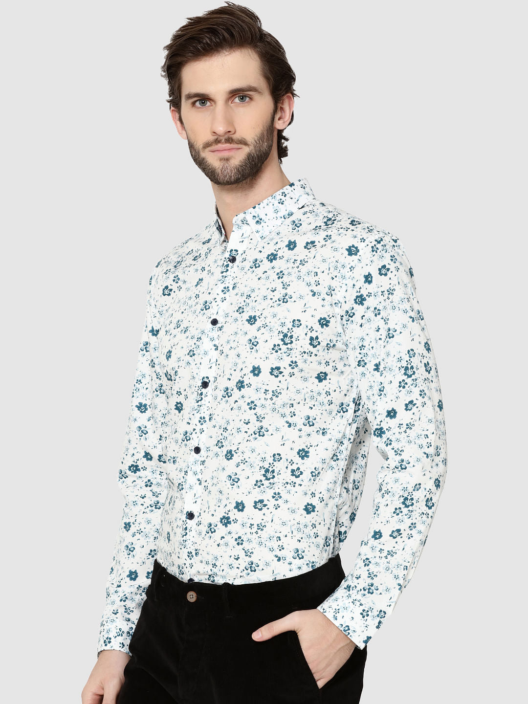 White Floral Print Full Sleeves Shirt