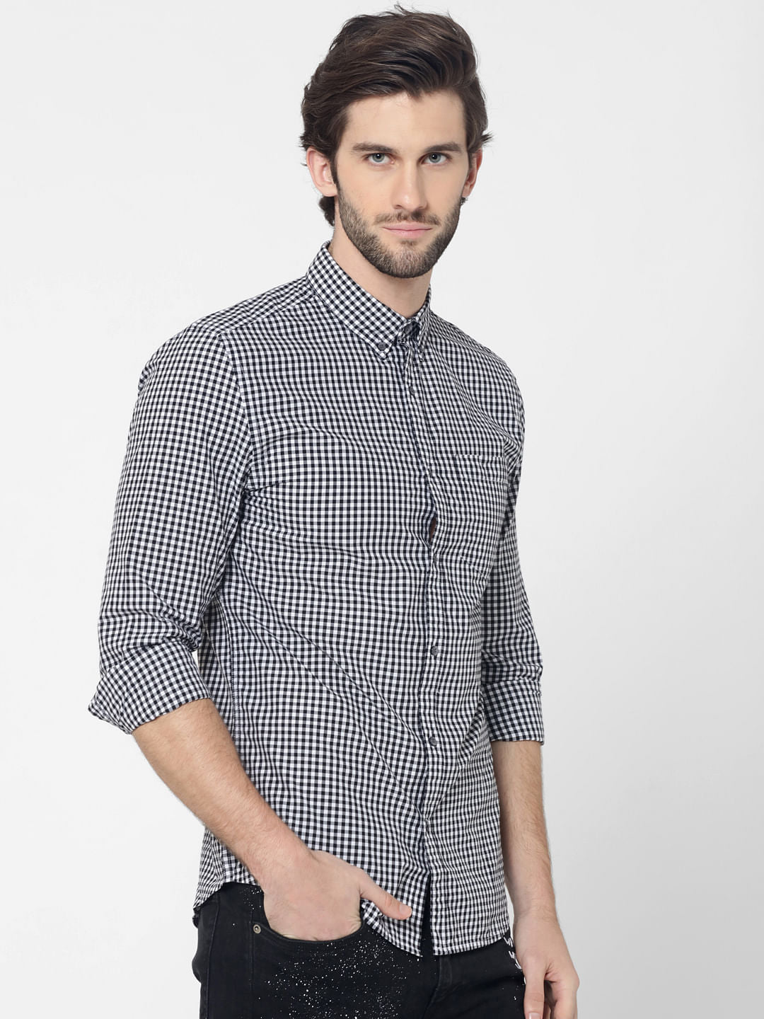 White & Black Full Sleeves Gingham Check Shirt