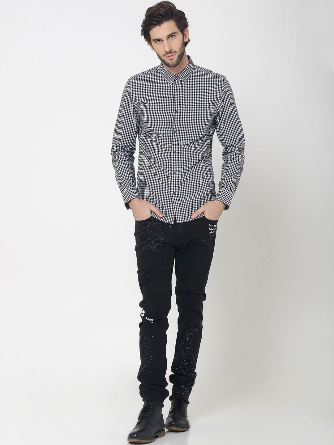 White & Black Full Sleeves Gingham Check Shirt