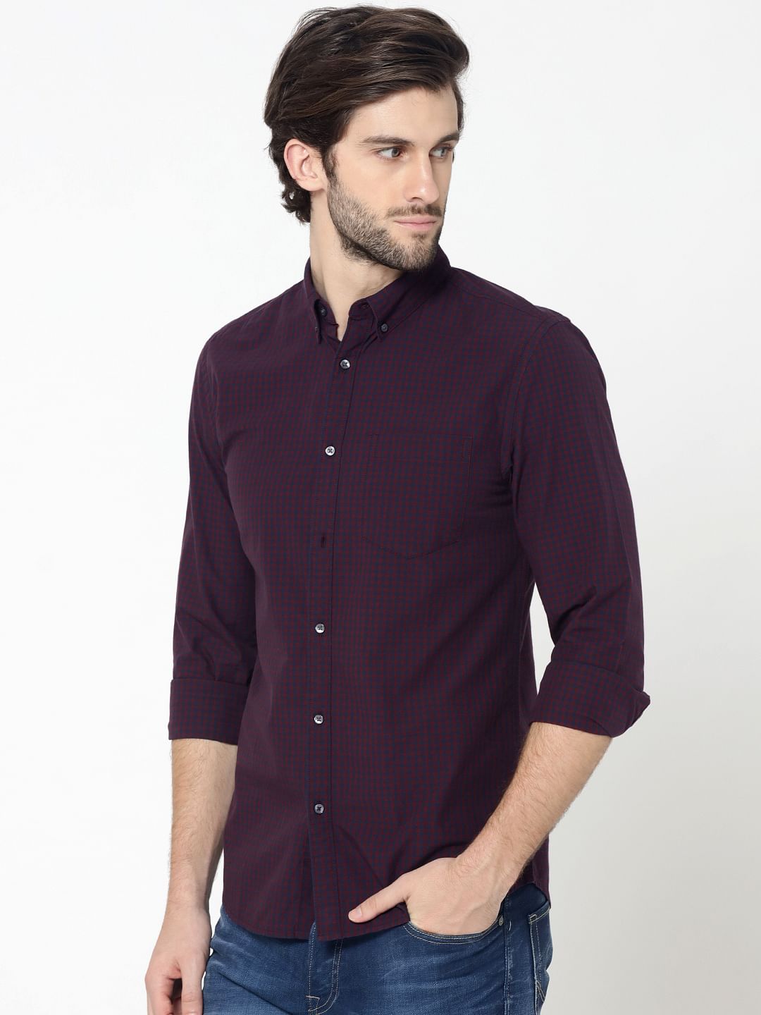 Burgundy Full Sleeves Check Shirt