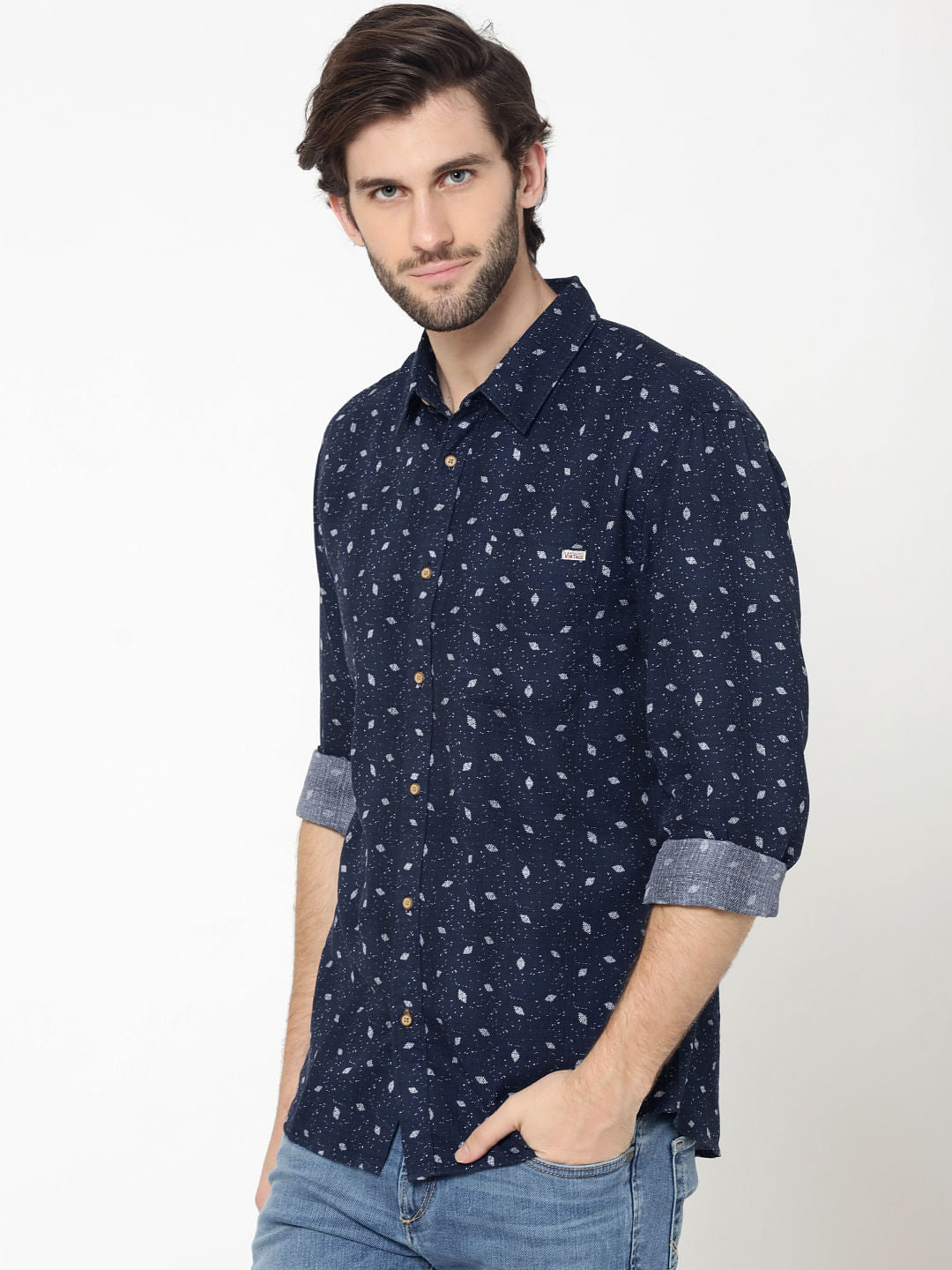 Blue All Over Navajo Print Full Sleeves Dobby Shirt