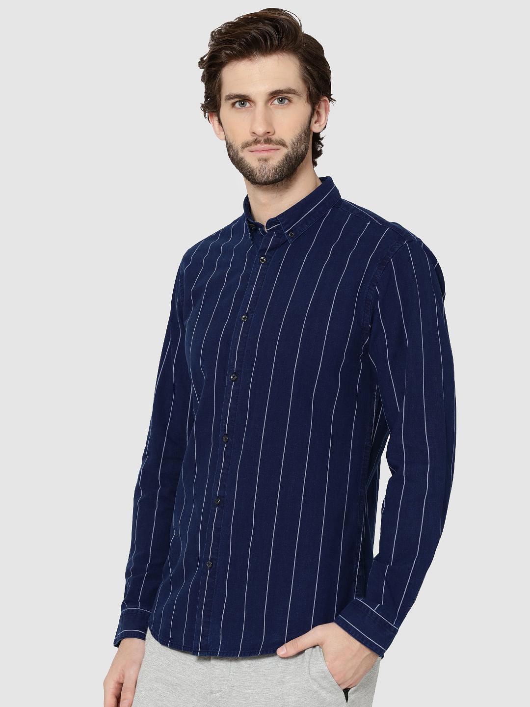 Dark Blue Denim Striped Full Sleeves Slim Fit Shirt