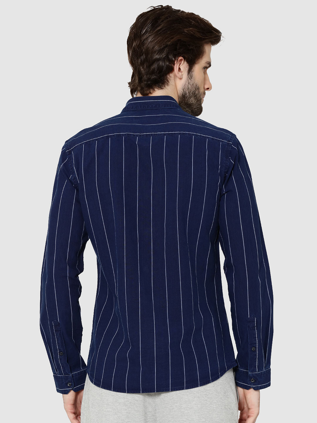 Dark Blue Denim Striped Full Sleeves Slim Fit Shirt