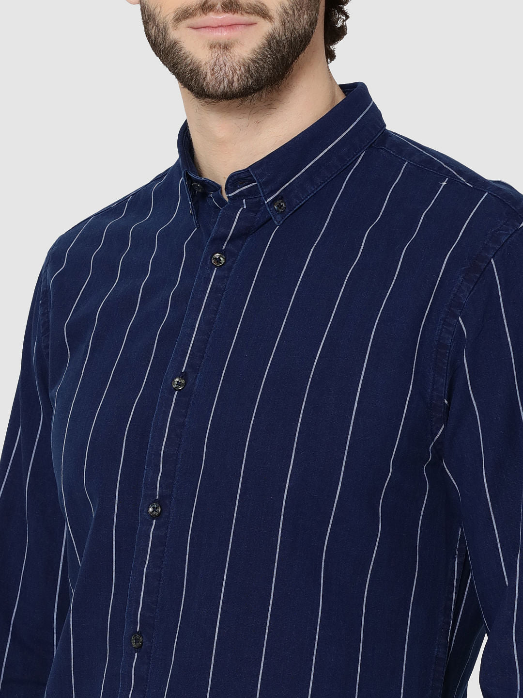 Dark Blue Denim Striped Full Sleeves Slim Fit Shirt