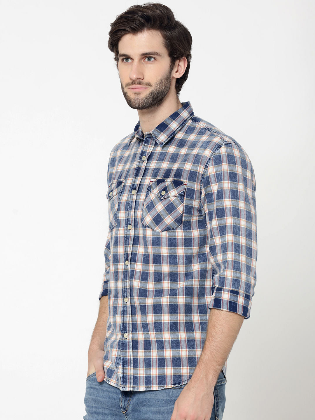Blue Patch Pockets Check Shirt