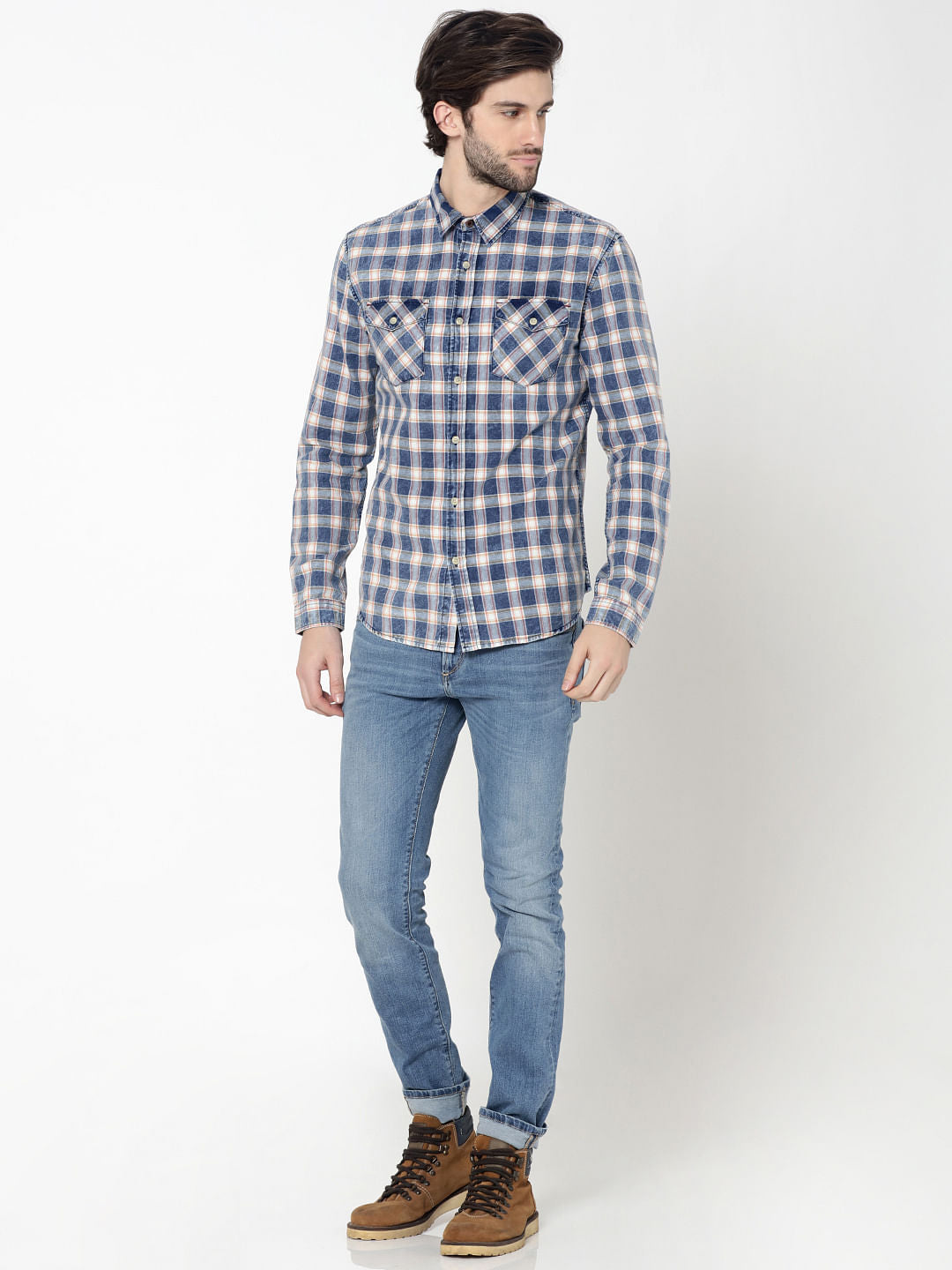Blue Patch Pockets Check Shirt