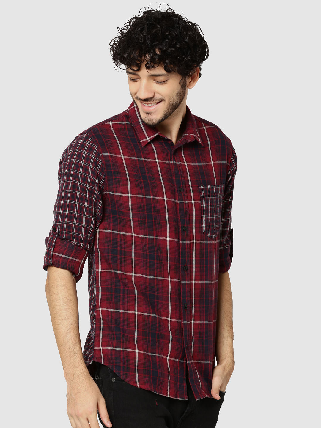 Red Check Full Sleeves Patch Pocket Slim Fit Shirt