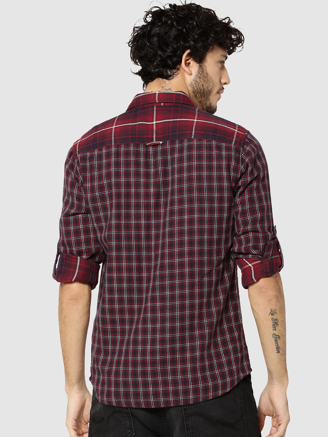 Red Check Full Sleeves Patch Pocket Slim Fit Shirt