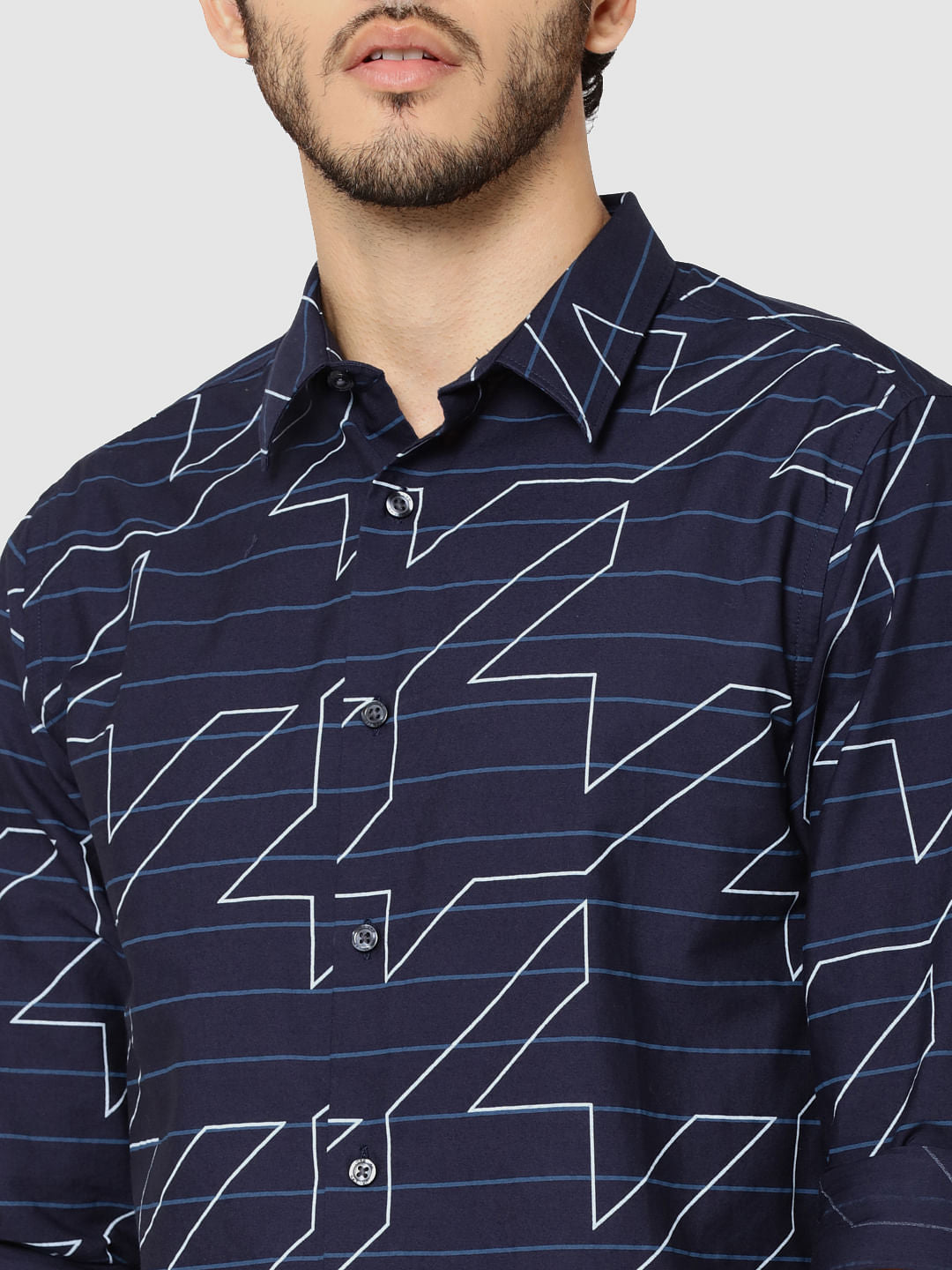 Dark Blue Striped & Geometric Print Full Sleeves Shirt