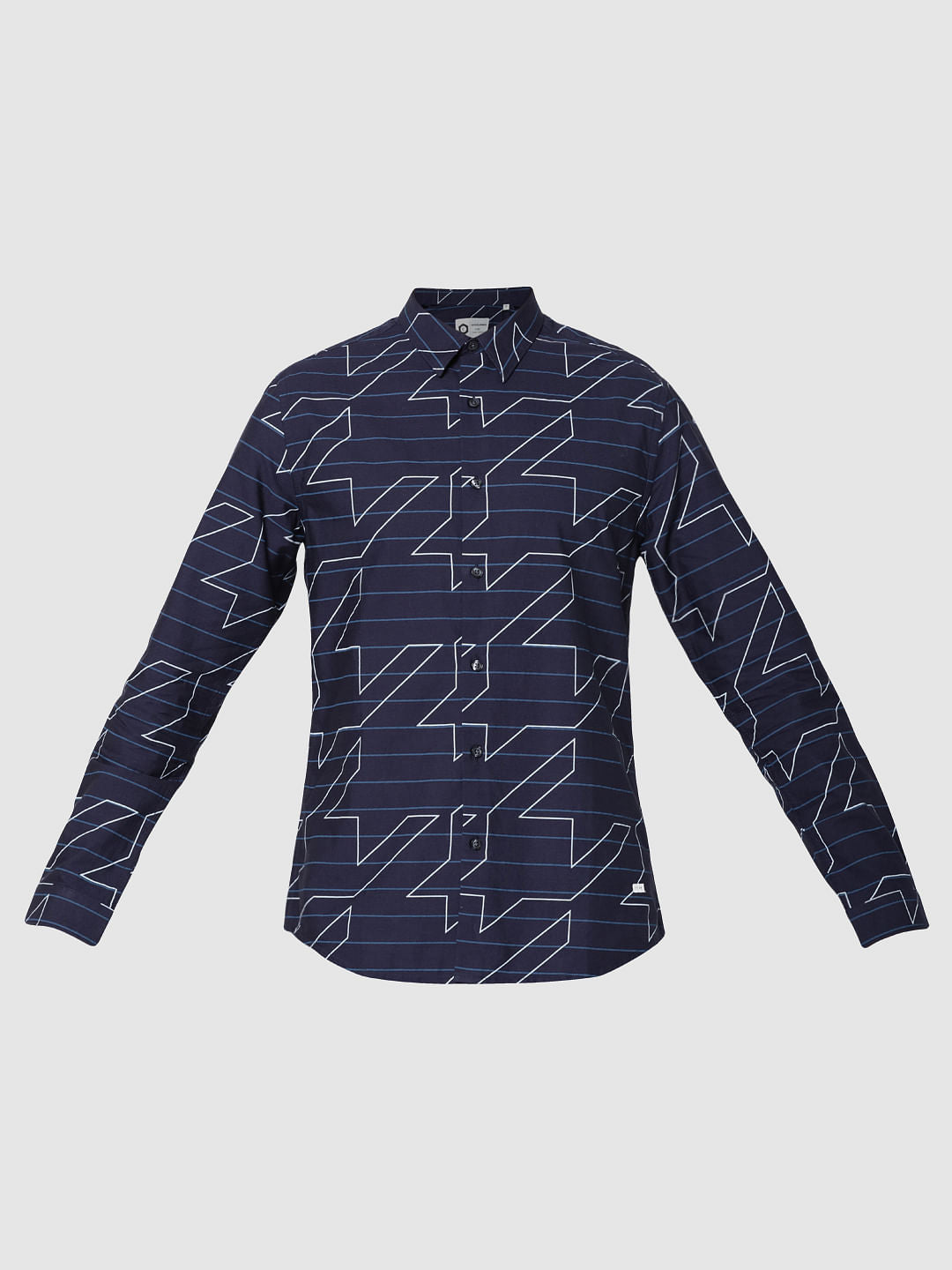 Dark Blue Striped & Geometric Print Full Sleeves Shirt