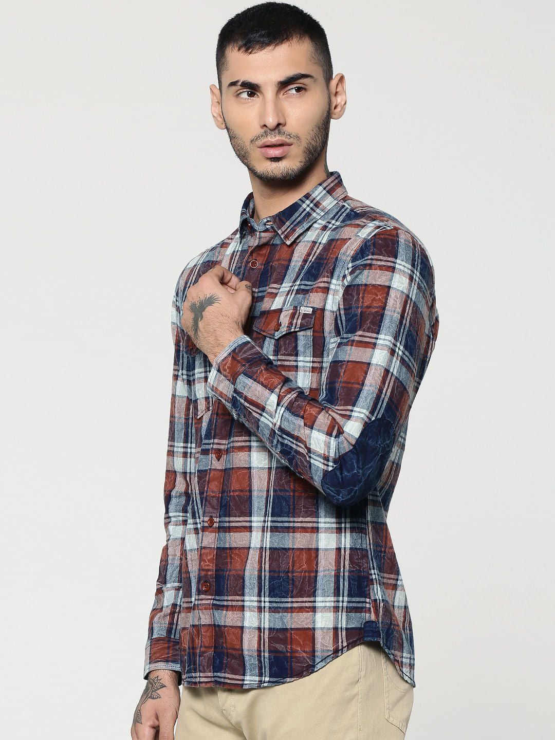 Red Check Elbow Patch Full Sleeves Shirt