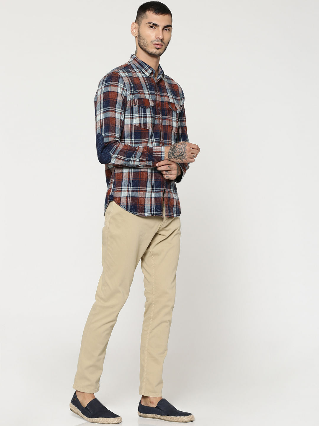 Red Check Elbow Patch Full Sleeves Shirt