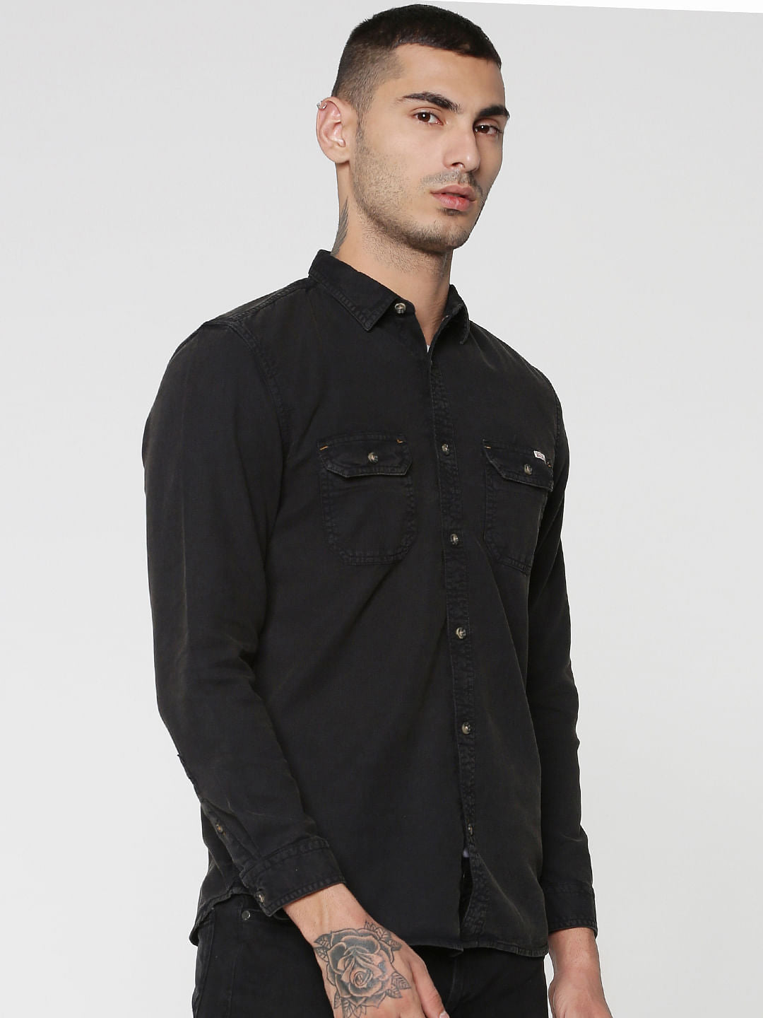 Black Two Patch Flap Pocket Full Sleeves Slim Fit Shirt
