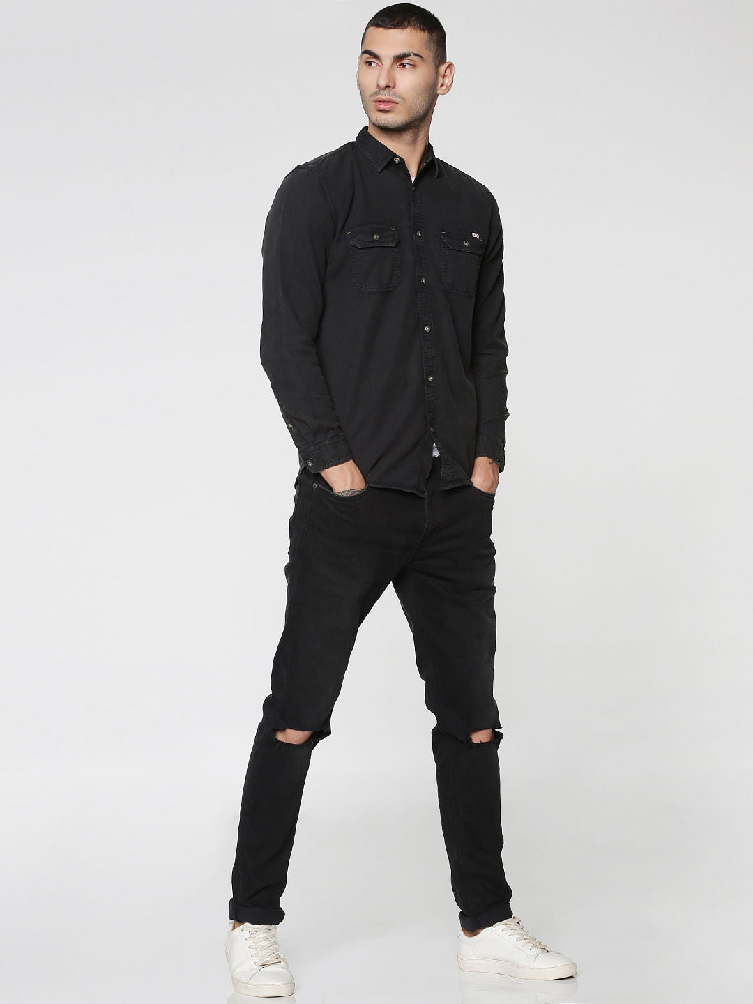 Black Two Patch Flap Pocket Full Sleeves Slim Fit Shirt