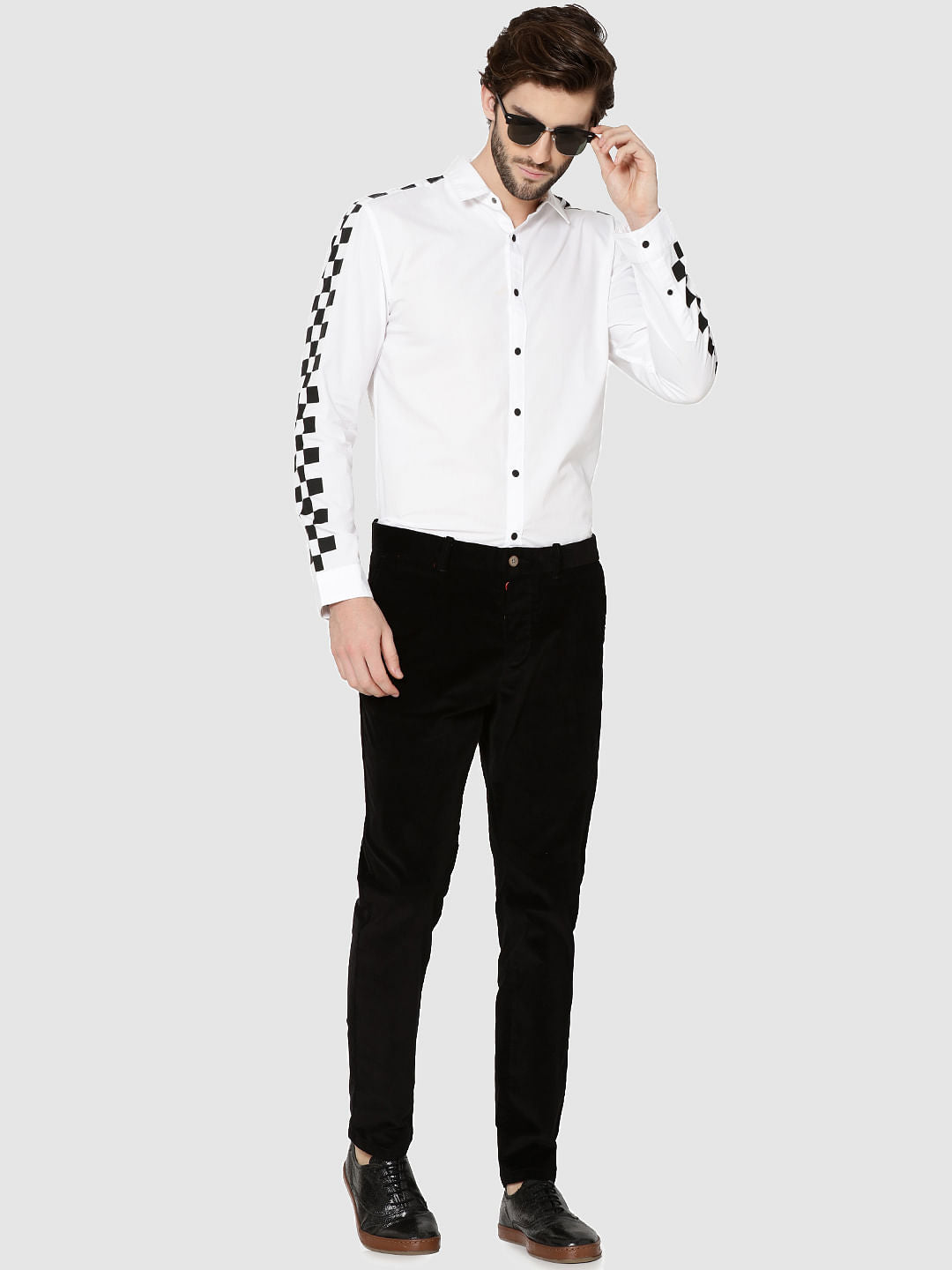White Checker Print Sleeves Slim Fit Shirt