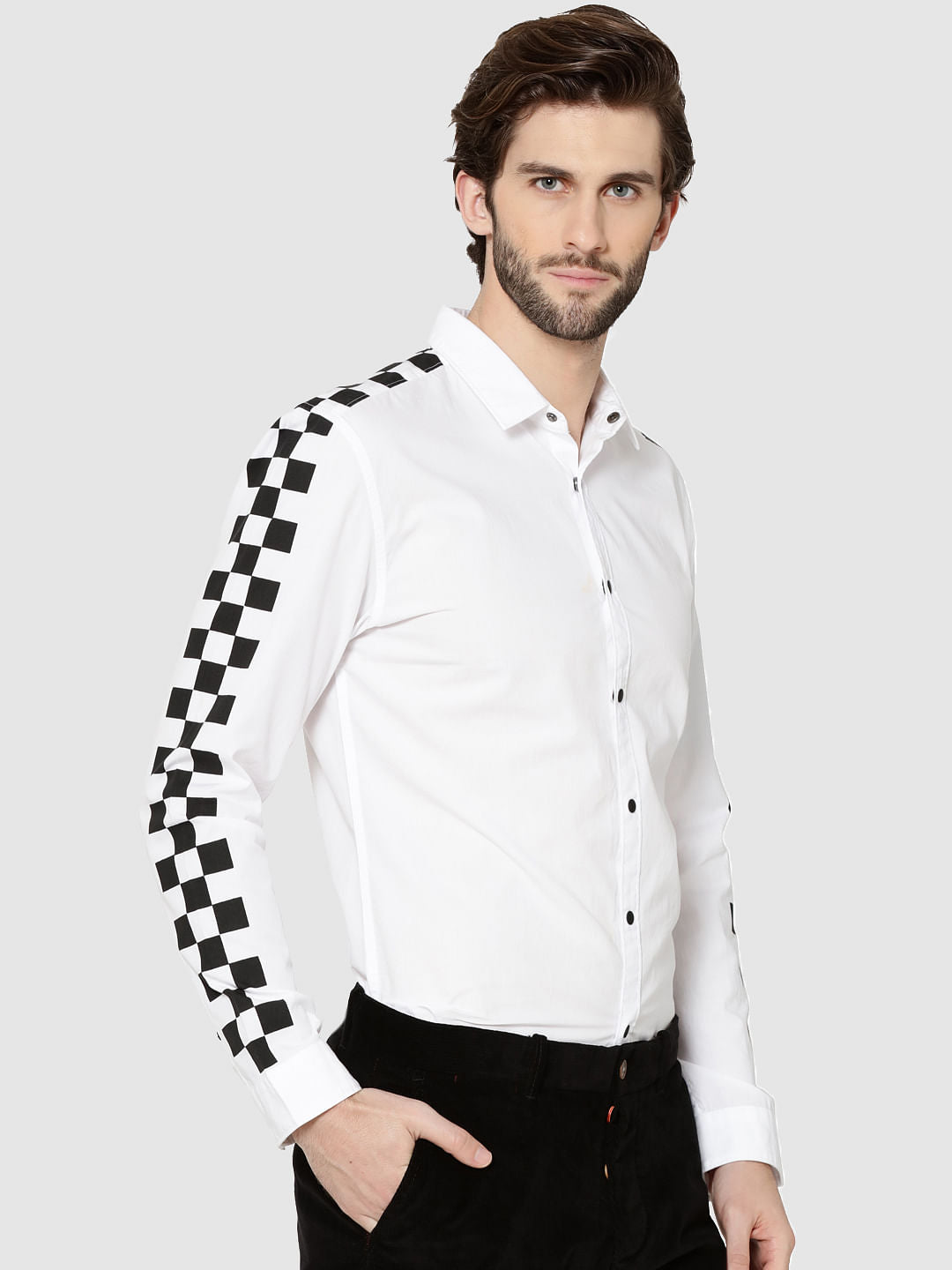 White Checker Print Sleeves Slim Fit Shirt