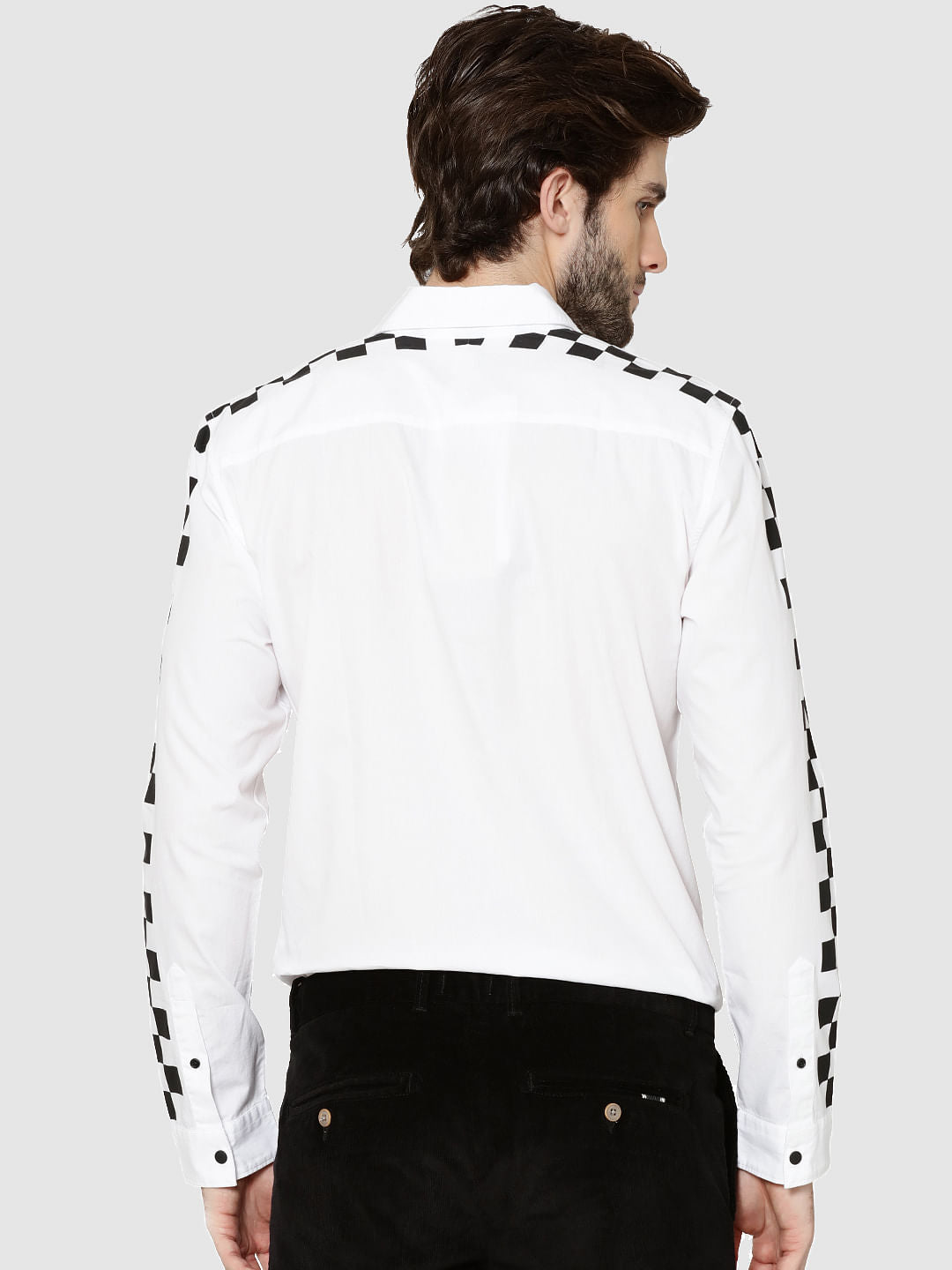 White Checker Print Sleeves Slim Fit Shirt