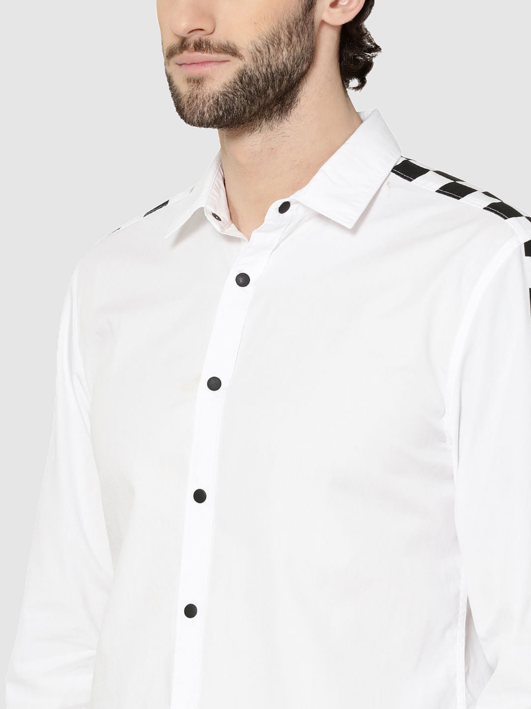 White Checker Print Sleeves Slim Fit Shirt