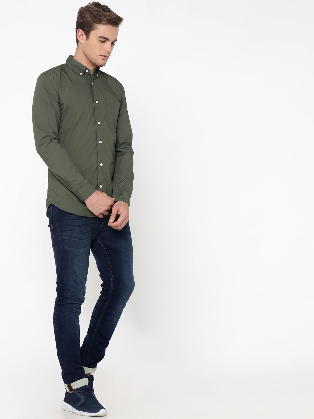 Olive Green One Pocket Slim Fit Shirt