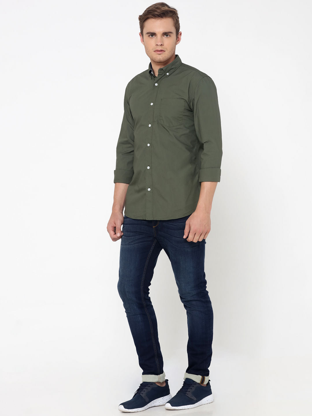 Olive Green One Pocket Slim Fit Shirt