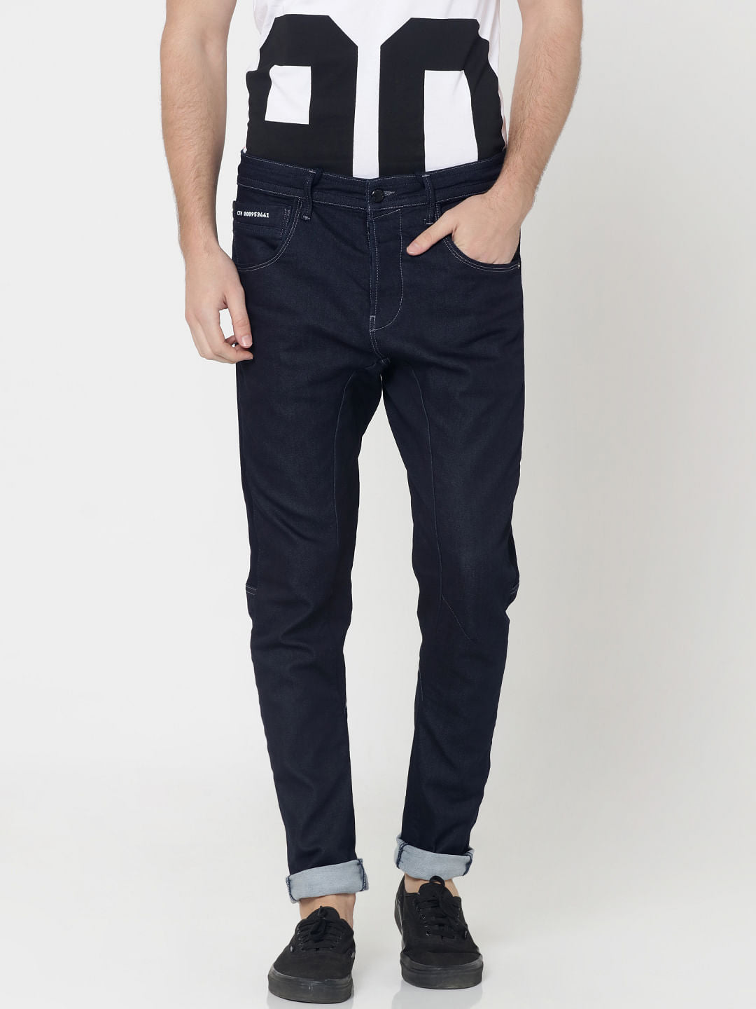 Dark Blue Drawstring Detail Cliff Anti -Fit Jeans