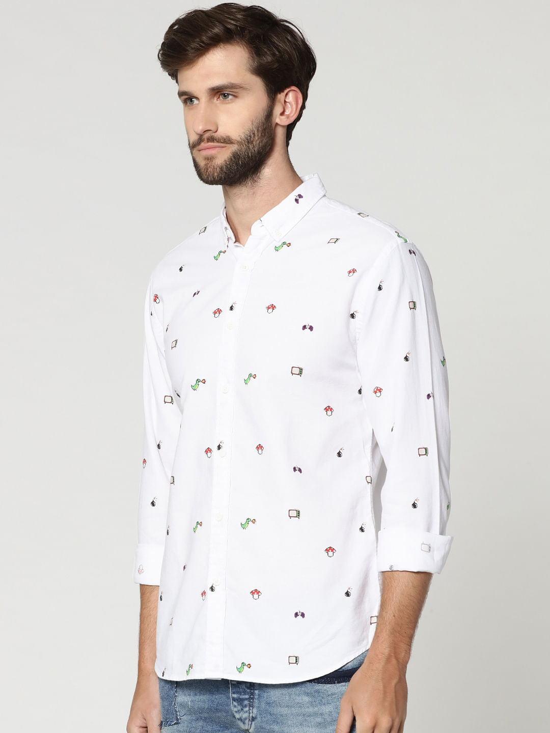 White All Over Print Full Sleeves Shirt
