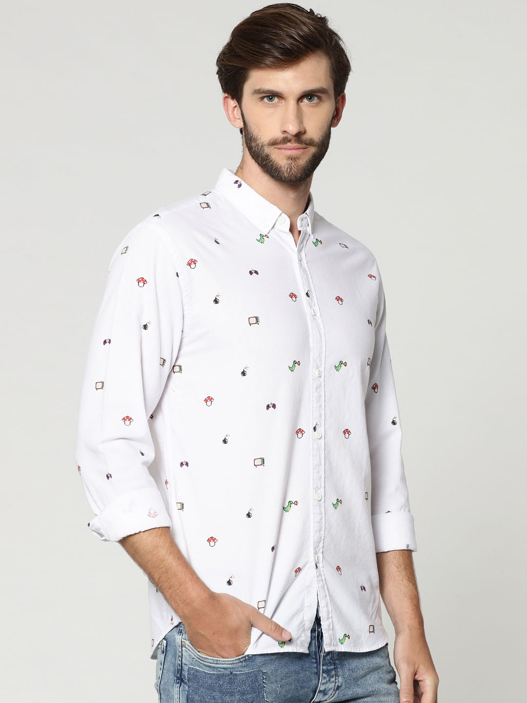 White All Over Print Full Sleeves Shirt