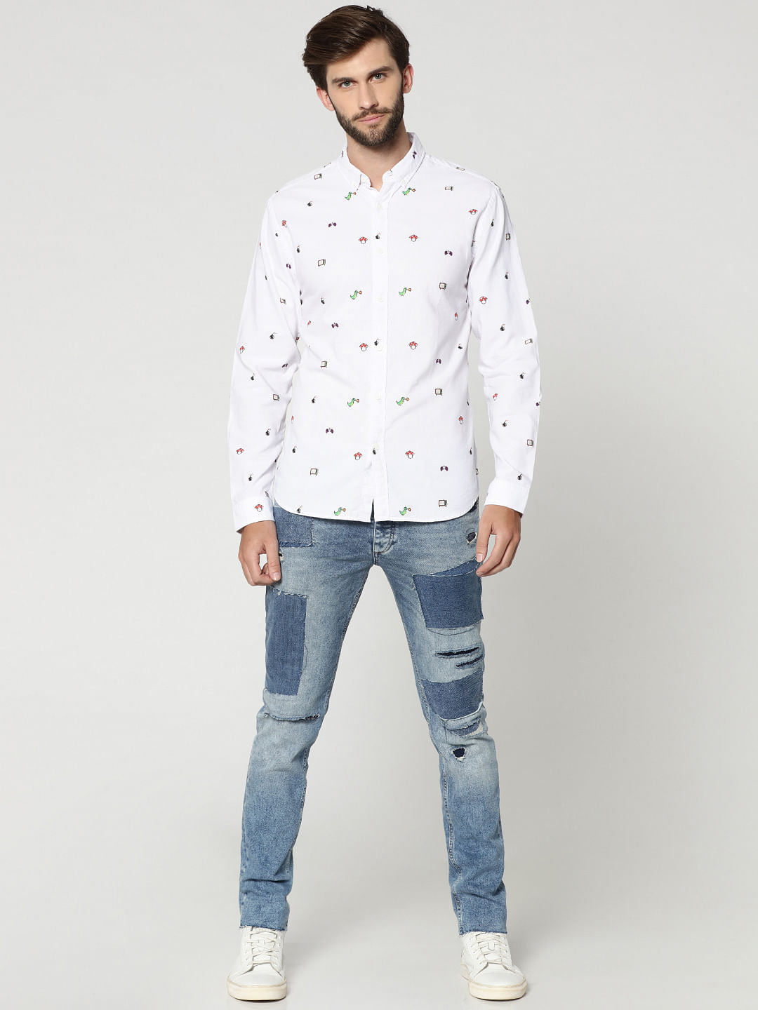 White All Over Print Full Sleeves Shirt