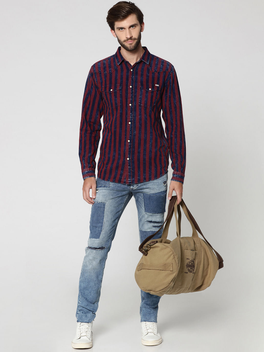 Burgundy Striped Full Sleeves Shirt