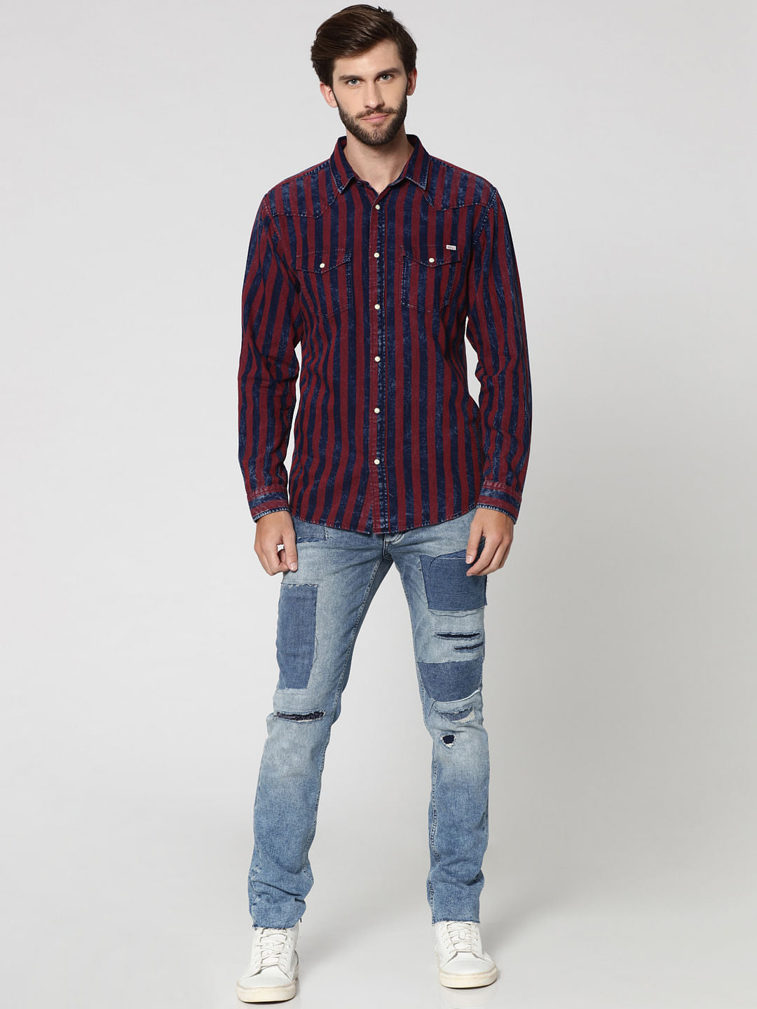 Burgundy Striped Full Sleeves Shirt