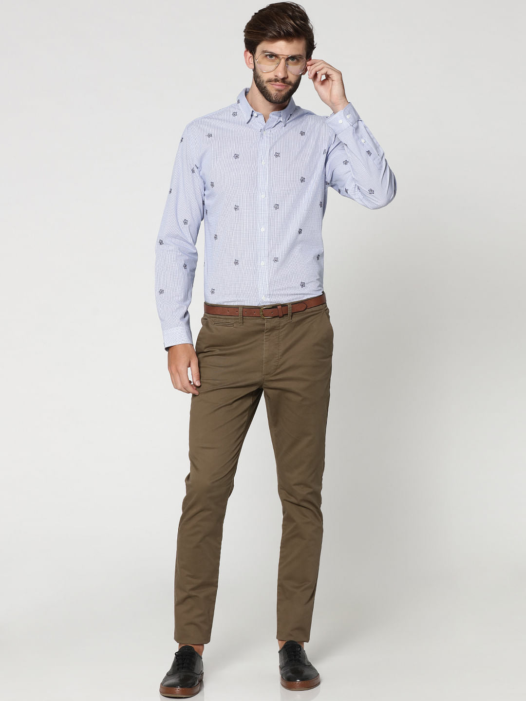 Light Blue Floral Motif Full Sleeves Check Shirt
