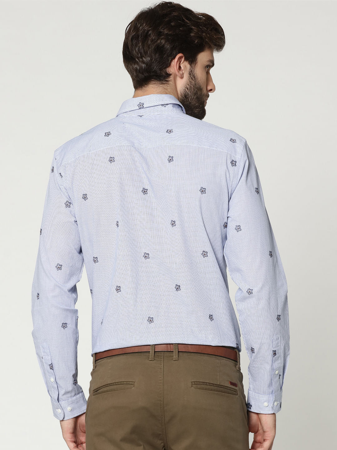 Light Blue Floral Motif Full Sleeves Check Shirt