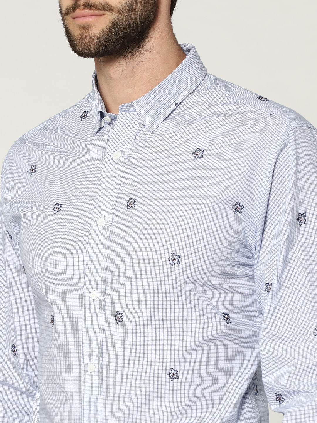 Light Blue Floral Motif Full Sleeves Check Shirt