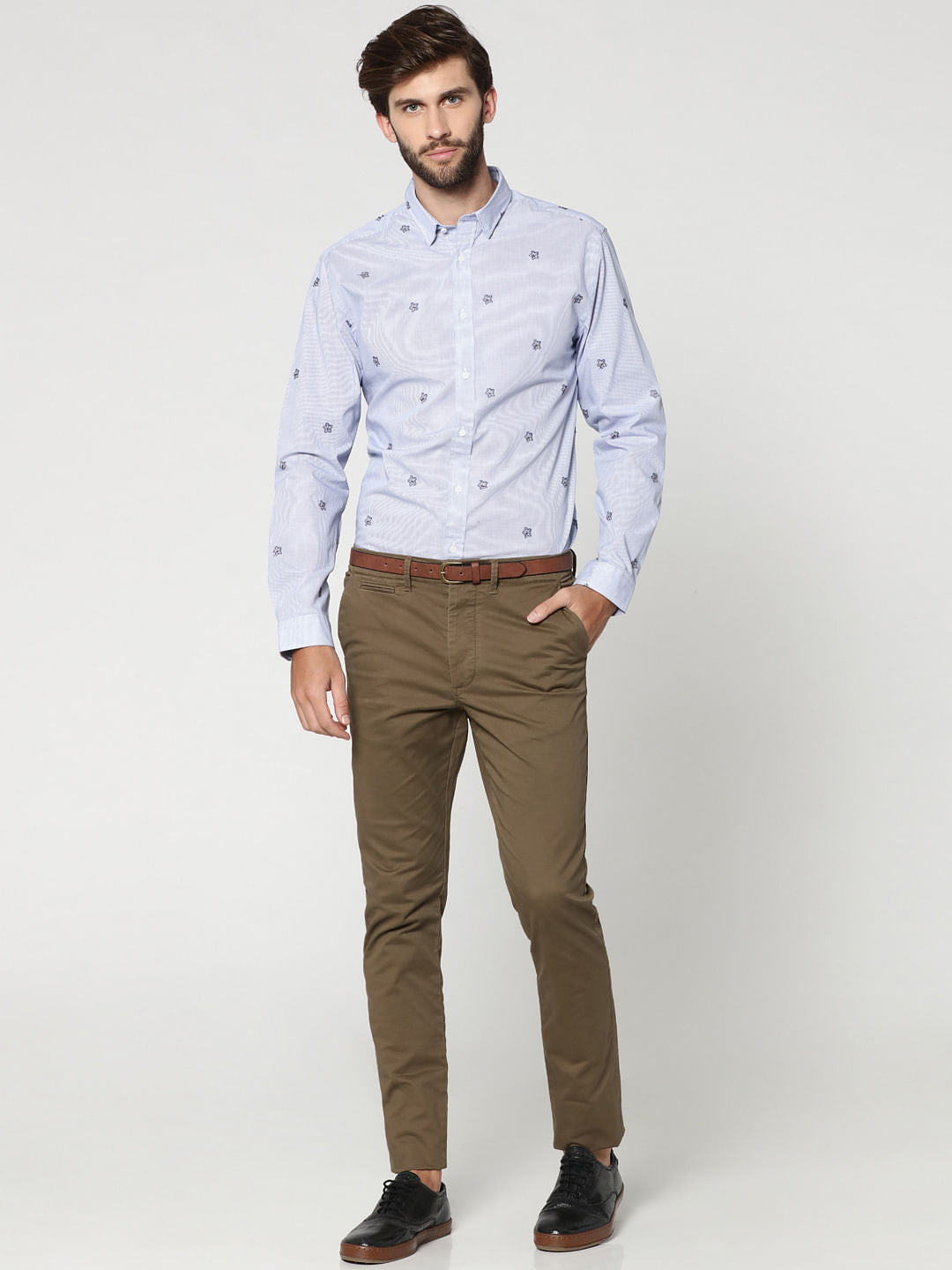 Light Blue Floral Motif Full Sleeves Check Shirt