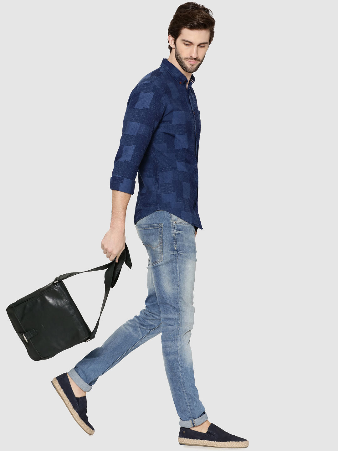 Dark Blue Denim Jacquard Full Sleeves Shirt