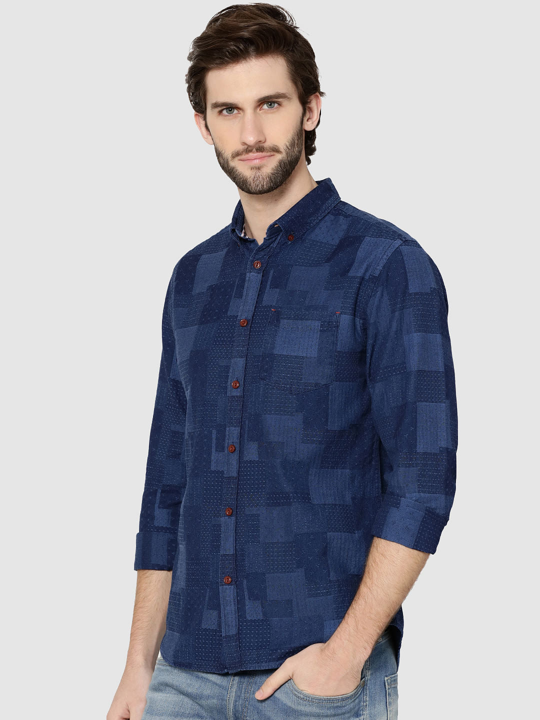Dark Blue Denim Jacquard Full Sleeves Shirt