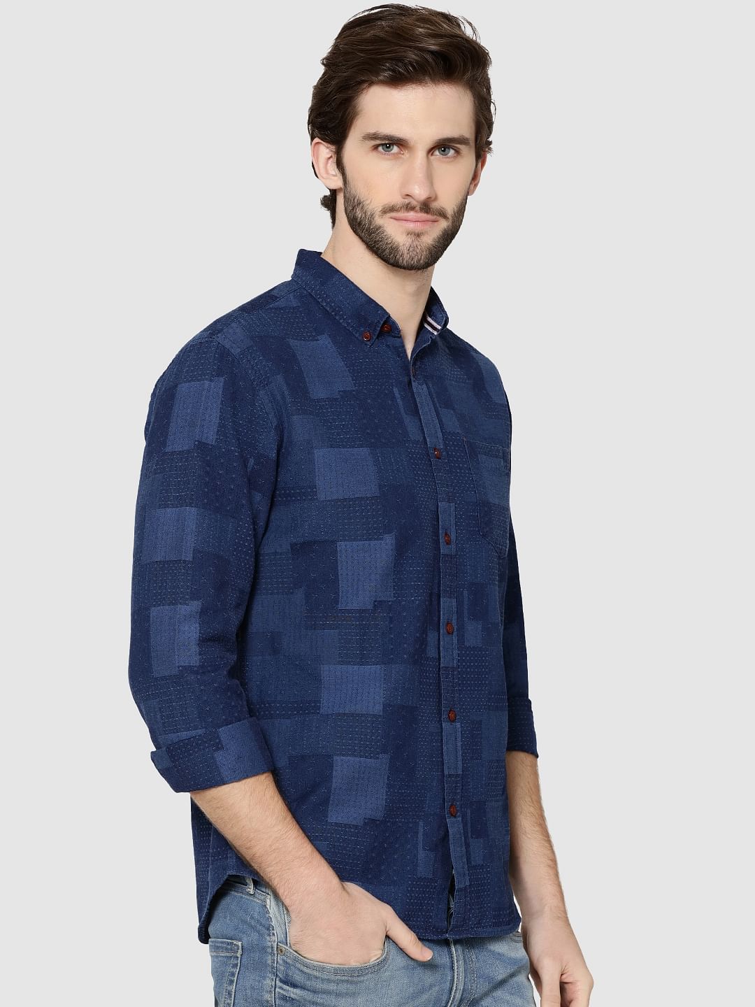 Dark Blue Denim Jacquard Full Sleeves Shirt