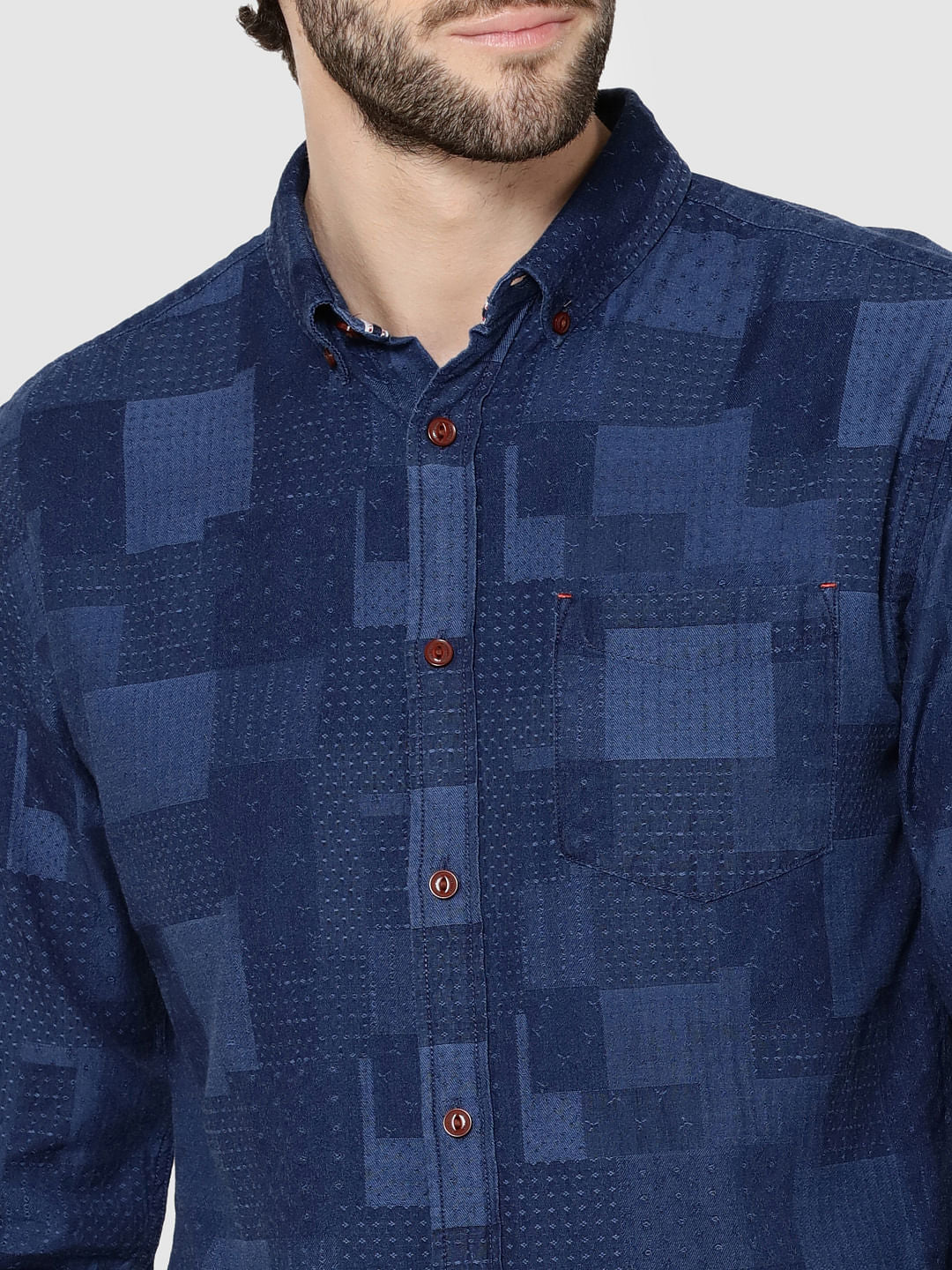 Dark Blue Denim Jacquard Full Sleeves Shirt