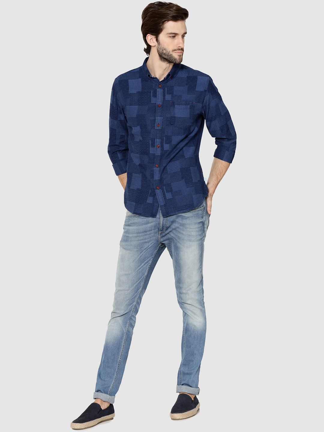 Dark Blue Denim Jacquard Full Sleeves Shirt