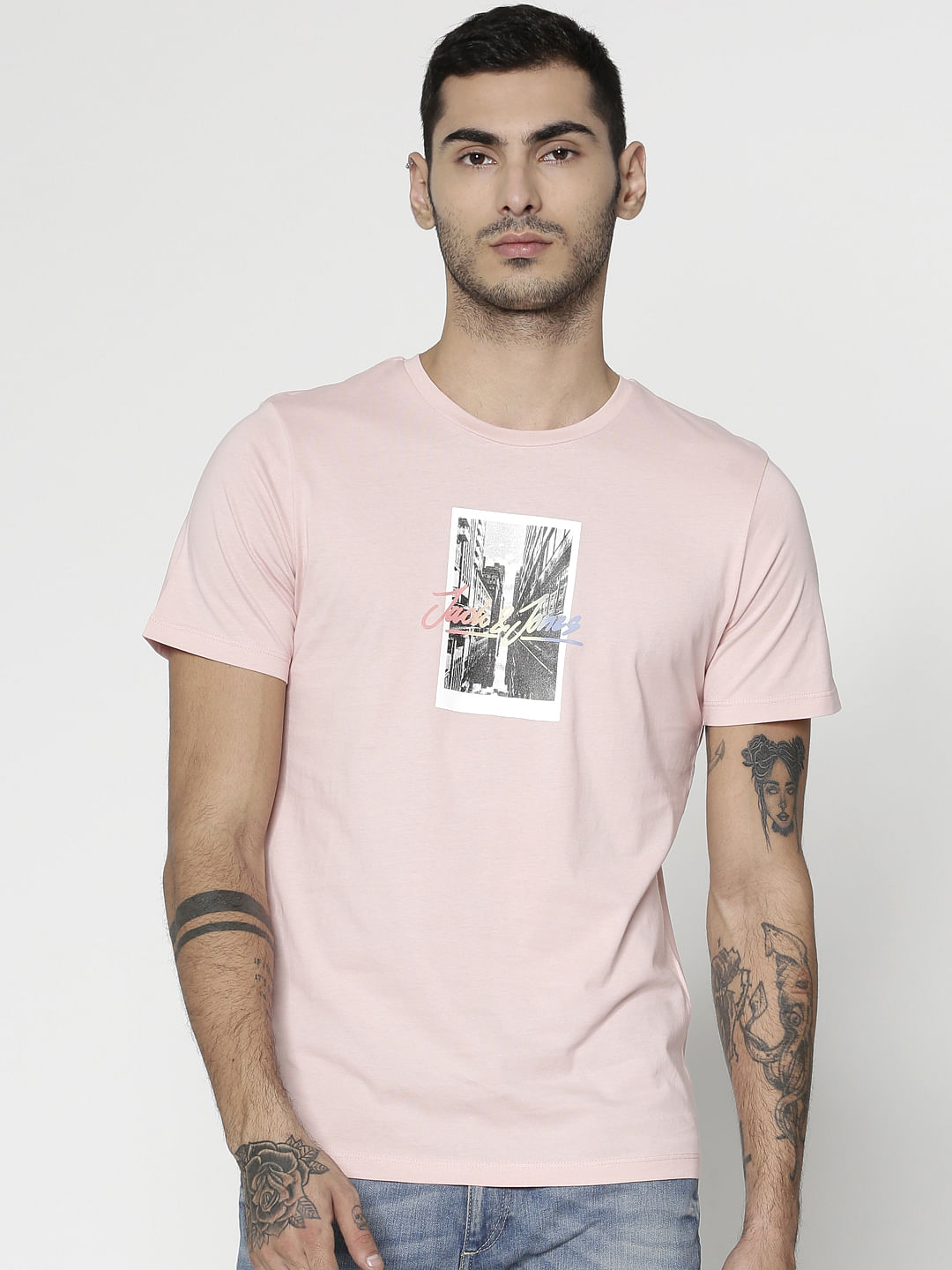 Pink Graphic Print Slim Fit Crew Neck T-Shirt