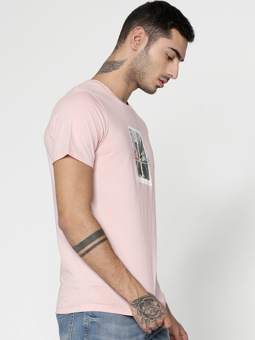 Pink Graphic Print Slim Fit Crew Neck T-Shirt