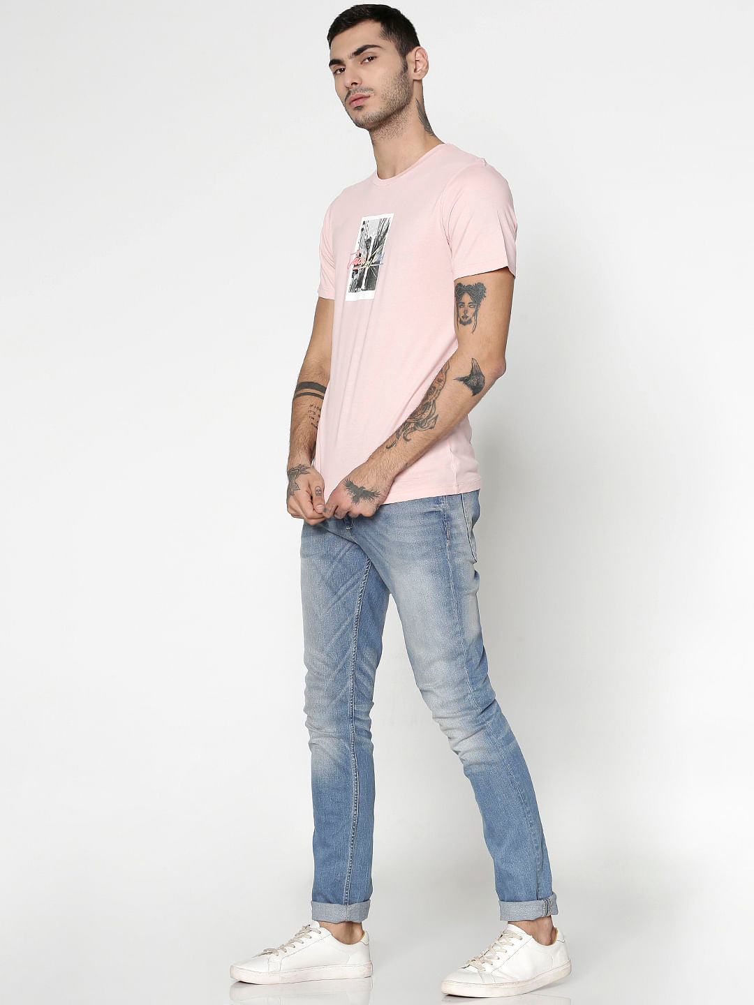 Pink Graphic Print Slim Fit Crew Neck T-Shirt