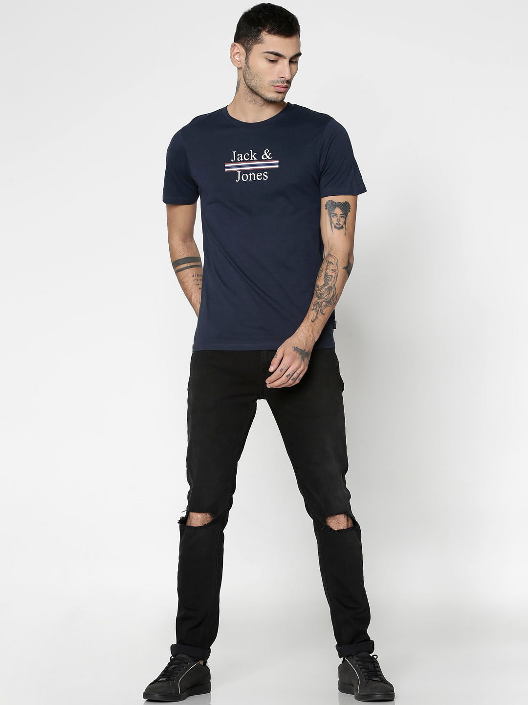 Blue Text Print Crew Neck T-Shirt