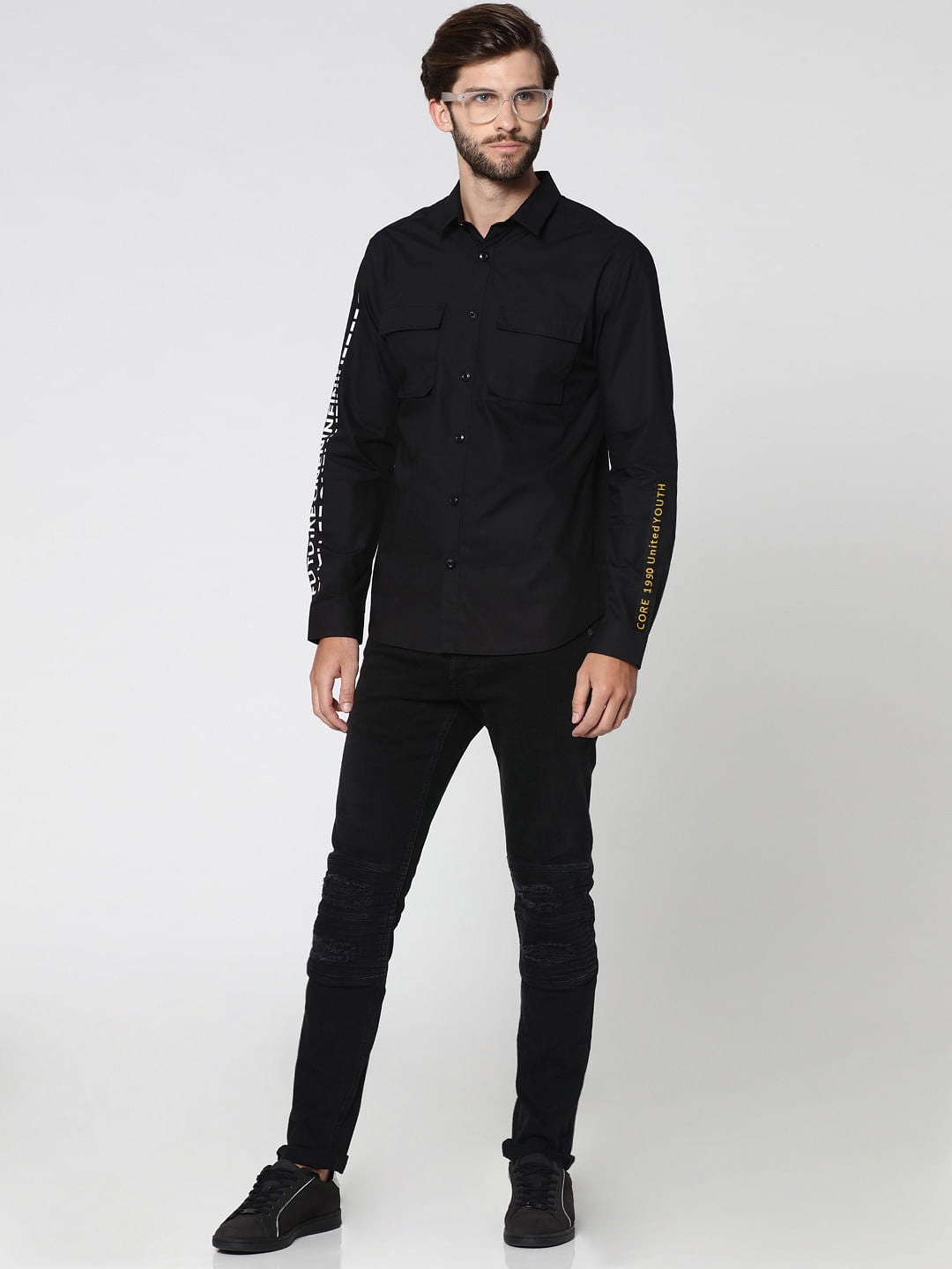 Black Placement Print Two Pocket Full Sleeves Shirt
