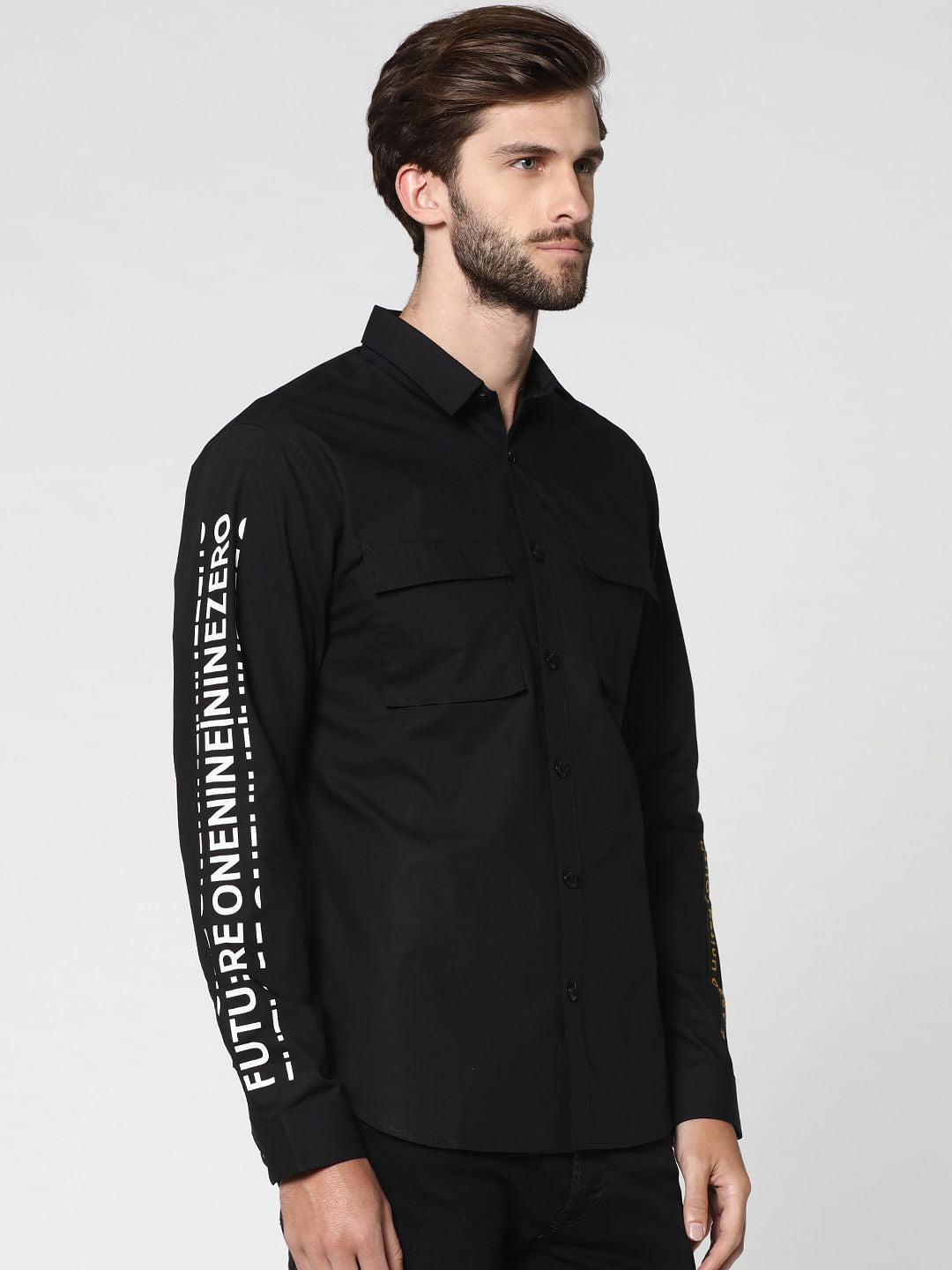 Black Placement Print Two Pocket Full Sleeves Shirt